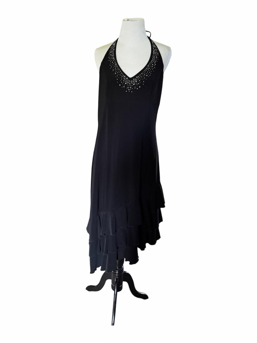 Onyx Nite Black cocktail Halter Rhinestone Dress 10 Tiered Asymmetric Ruffle Hem